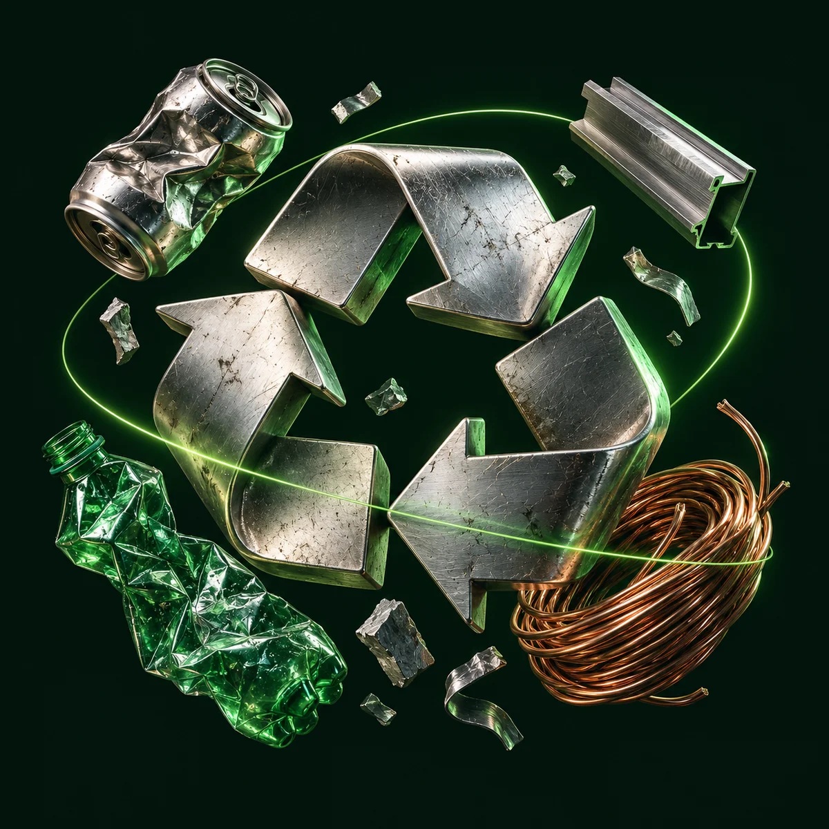 Símbolo de reciclagem em metal, cercado por cobre, alumínio e uma garrafa plástica.